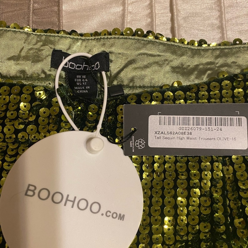 Boohoo - NEW - TALL SEQUIN HIGH WAIST PANTS. Size US 12. COLOR: OLIVE - Picture 5 of 6